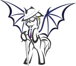 Size: 3460x3000 | Tagged: safe, artist:up1ter, derpibooru import, oc, oc:shadow dash, bat pony, bat pony oc, hat, lineart, simple background, solo, sword, transparent background, weapon