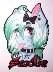 Size: 2781x3714 | Tagged: artist:scootiegp, badge, bow, bust, collar, derpibooru import, female, mare, oc, portrait, safe, smiling, traditional art, unofficial characters only