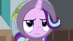 Size: 1280x720 | Tagged: safe, derpibooru import, screencap, starlight glimmer, pony, unicorn, the parent map, annoyed, blanket, cute, female, glimmerbetes, headscarf, mare, scarf, solo