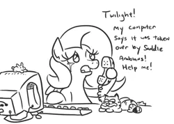 Size: 677x481 | Tagged: safe, artist:jargon scott, derpibooru import, fluttershy, cat, pegasus, pony, rabbit, black and white, computer, computer virus, crying, dialogue, female, garfield, grayscale, hoof hold, implied twilight sparkle, keyboard, mare, monochrome, phone, ransomware, simple background, solo, teary eyes, telephone, white background
