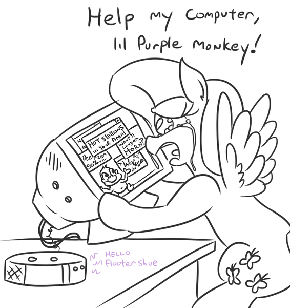 Size: 754x800 | Tagged: safe, artist:jargon scott, derpibooru import, fluttershy, pegasus, pony, adware, alexa, bonzi buddy, computer, crying, dialogue, female, funny, mare, partial color, simple background, solo, speakers, teary eyes, white background