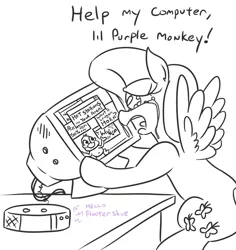 Size: 754x800 | Tagged: safe, artist:jargon scott, derpibooru import, fluttershy, pegasus, pony, adware, alexa, bonzi buddy, computer, crying, dialogue, female, funny, mare, partial color, simple background, solo, speakers, teary eyes, white background