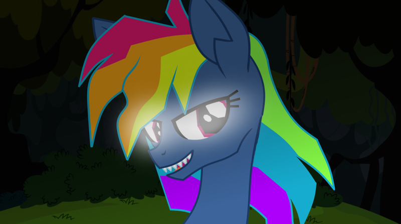 Size: 1024x571 | Tagged: adorapiehater, artist:galacticflashd, cute, derpibooru import, evil pie hater dash, fangs, female, glowing eyes, looking at you, rainbow dash, safe, secrets and pies, solo, windswept mane