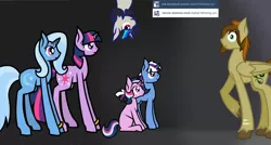 Size: 1280x684 | Tagged: safe, artist:sphinx-the-dragon-pony, derpibooru import, trixie, twilight sparkle, oc, oc:aurora, oc:nebula, pegasus, pony, unicorn, colt, female, filly, lesbian, magical lesbian spawn, male, offspring, parent:trixie, parent:twilight sparkle, parents:twixie, shipping, stallion, twixie, unshorn fetlocks