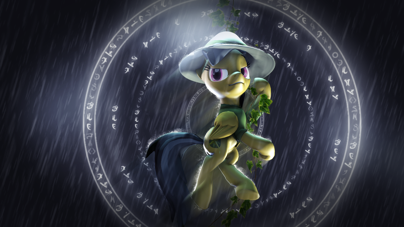 Size: 3840x2160 | Tagged: safe, derpibooru import, daring do, pegasus, pony, 3d, magic, magic circle, rain, runes, sfm pony, solo, source filmmaker, swinging, vine, wet