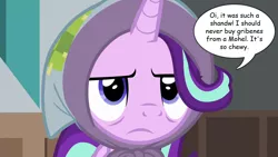 Size: 1280x720 | Tagged: blanket, derpibooru import, edit, edited screencap, editor:wild stallions, headscarf, implied cannibalism, movie quote, movie reference, mrs doubtfire, mrs. doubtfire, robin williams, safe, scarf, screencap, speech bubble, starlight glimmer, starlight is not amused, the parent map, unamused