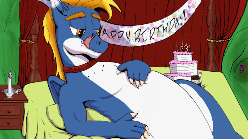 Size: 3840x2160 | Tagged: artist:icarys, bed, bedroom, birthday, birthday cake, birthday candles, birthday gift, cake, candle, changeling hive, commission, crumbs, curtains, cute, derpibooru import, dresser, fetish, food, implied vore, male, oc, oc:nyama, on bed, questionable, solo, vore