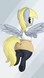Size: 2160x3840 | Tagged: safe, artist:andelai, derpibooru import, derpy hooves, pegasus, pony, adorasexy, bubble butt, clothes, cute, derpabetes, female, looking at you, looking back, mare, moe, pantyhose, plot, sexy, shirt, skirt, smiling, socks, solo, stockings, thigh highs, tube skirt