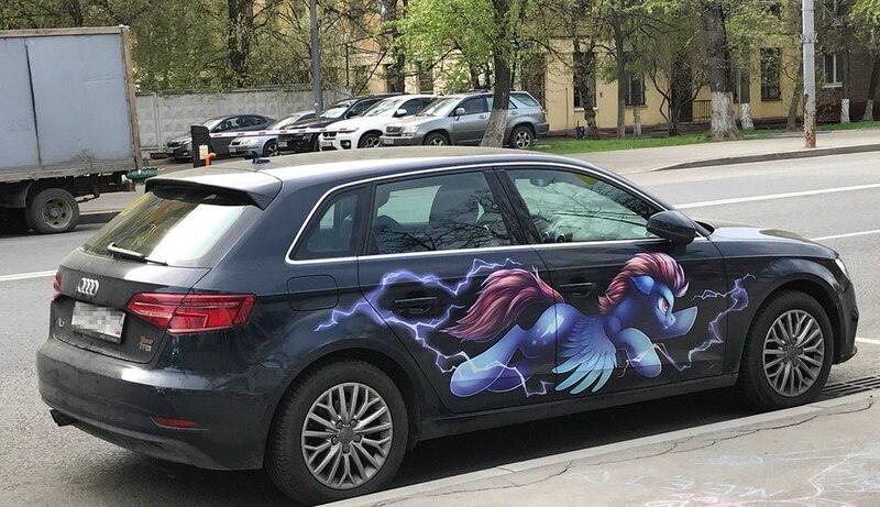 Size: 1030x594 | Tagged: safe, derpibooru import, lightning dust, pegasus, pony, audi, audi a3, car, decal, female, flying, irl, itasha, lightning, mare, moscow, photo, russia, solo