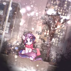 Size: 2800x2800 | Tagged: safe, artist:mirroredsea, derpibooru import, rarity, pony, unicorn, blushing, building, city, cityscape, clothes, cute, dutch angle, female, head tilt, horn, looking at you, mare, outdoors, raribetes, scarf, sitting, skyline, smiling, snow, snowfall, solo, tree, winter outfit