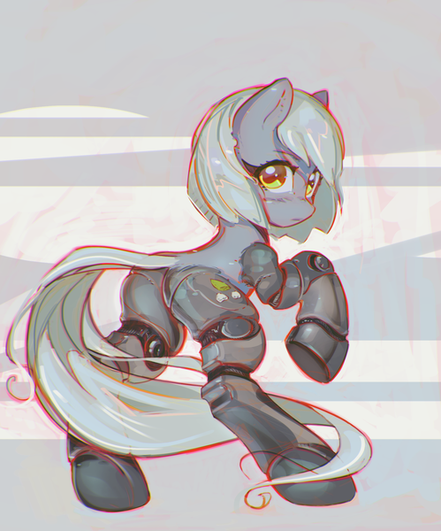 Size: 2479x2983 | Tagged: safe, artist:mirroredsea, derpibooru import, limestone pie, cyborg, earth pony, pony, amputee, female, high res, looking at you, looking back, mare, prosthetic limb, prosthetics, quadruple amputee, science fiction, simple background, solo