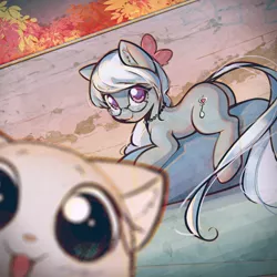 Size: 3000x3000 | Tagged: safe, artist:mirroredsea, derpibooru import, silver spoon, cat, earth pony, pony, autumn, cute, female, filly, glasses, leaves, looking at you, photobomb, prone, selfie, smiling, wall