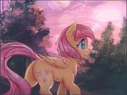 Size: 3504x2630 | Tagged: safe, artist:mirroredsea, derpibooru import, fluttershy, pegasus, pony, alternate hairstyle, cute, dock, female, forest, mare, plot, scenery, short mane, shyabetes, smiling, solo
