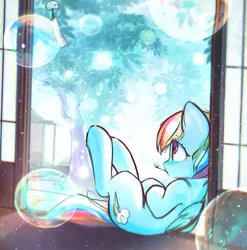 Size: 2651x2680 | Tagged: safe, artist:mirroredsea, derpibooru import, rainbow dash, pegasus, pony, bubble, cute, dashabetes, female, folded wings, leaning, looking at something, looking away, looking up, mare, solo, tree, wind chime