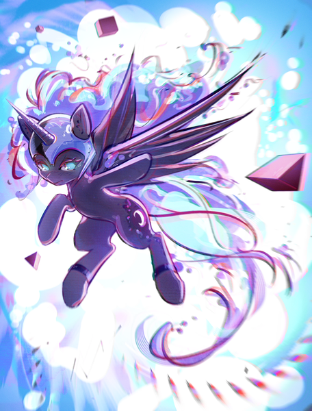 Size: 2812x3701 | Tagged: safe, artist:mirroredsea, derpibooru import, nightmare moon, alicorn, pony, antagonist, chromatic aberration, explosion, female, flying, helmet, mare, solo