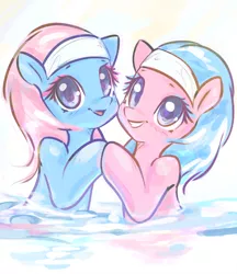 Size: 2806x3252 | Tagged: safe, artist:mirroredsea, derpibooru import, aloe, lotus blossom, earth pony, pony, bust, colored sketch, cute, duo, duo female, female, headband, looking at you, mare, sisters, smiling, spa twins, spaww twins, water