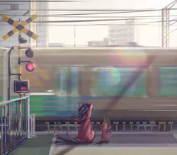 Size: 2800x2450 | Tagged: safe, artist:mirroredsea, derpibooru import, spike, twilight sparkle, dragon, pony, unicorn, city, duo, female, food, gate, japan, level crossing, mare, metro, railroad crossing, rear view, sitting, subway, tokyo, traffic signal, train, unicorn twilight, windswept mane