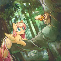 Size: 3212x3212 | Tagged: safe, artist:mirroredsea, derpibooru import, fluttershy, butterfly, pegasus, pony, blushing, cute, female, forest, mare, prone, scenery, shyabetes, solo, tree, tree branch