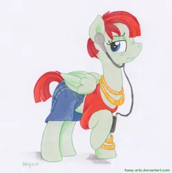 Size: 950x952 | Tagged: safe, artist:foxxy-arts, derpibooru import, valley glamour, pegasus, pony, clothes, earbuds, female, headphones, looking at you, mare, midriff, nose wrinkle, profile, raised hoof, shirt, signature, solo, traditional art, walkman