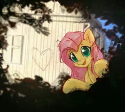 Size: 3800x3423 | Tagged: safe, artist:mirroredsea, derpibooru import, fluttershy, pegasus, pony, bipedal, bipedal leaning, building, bush, colored pupils, cute, female, graffiti, heart, hide and seek, hiding, hnnng, leaning, looking at you, mare, open mouth, shyabetes, smiling, solo