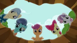 Size: 1280x720 | Tagged: apple bloom, cutie mark crusaders, derpibooru import, hole, looking down, mr. paleo, mrs. paleo, safe, scootaloo, screencap, sweetie belle, the fault in our cutie marks, tree