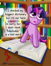 Size: 720x928 | Tagged: safe, artist:texasuberalles, derpibooru import, twilight sparkle, pony, unicorn, adorkable, book, bookhorse, cute, dictionary, dork, female, filly, filly twilight sparkle, frown, hilarious in hindsight, impossibly large book, library, looking up, open mouth, reality ensues, solo, talking, that pony sure does love books, twiabetes, younger