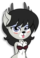 Size: 2403x3521 | Tagged: suggestive, artist:digiqrow, deleted from derpibooru, derpibooru import, oc, oc:nuez invernal, anthro, deer, anthro oc, belly button, blushing, breasts, chest fluff, female, looking at you, pale belly, simple background, solo, solo female, tongue out, transparent background