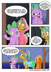 Size: 2893x4092 | Tagged: safe, artist:raph13th, derpibooru import, snails, spike, dragon, pony, unicorn, ask glitter shell, comic:glim glam and pals, clothes, comic, dress, duo, glitter shell, glowing horn, magic, male, rain, raincoat, shrug, telekinesis