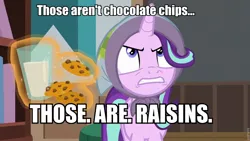 Size: 960x540 | Tagged: safe, derpibooru import, edit, edited screencap, screencap, starlight glimmer, pony, unicorn, the parent map, borderlands 2, cookie, female, food, image macro, magic, mare, meme, milk, milk and cookies, raisins, telekinesis, tiny tina