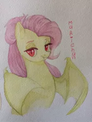 Size: 810x1080 | Tagged: safe, artist:i-just-mari, derpibooru import, fluttershy, bat pony, pony, alternate hairstyle, bust, fangs, female, flutterbat, fluttershy the werebat, lidded eyes, looking at you, mare, race swap, red eyes, simple background, slit eyes, solo, spread wings, traditional art, werebat, white background, wings