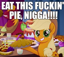 Size: 911x807 | Tagged: safe, derpibooru import, edit, edited screencap, screencap, applejack, big macintosh, earth pony, pony, my little pony: the movie, apple, apple pie, bigotjack, cowboy hat, cropped, cute, dude not funny, excessive exclamation marks, female, food, hat, hoof hold, image macro, male, mare, meme, mouth hold, nigga, out of character, pie, racial slur, racism, stallion, vulgar