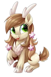 Size: 1600x2393 | Tagged: safe, artist:centchi, derpibooru import, oc, unofficial characters only, deer, deer pony, original species, chest fluff, flower, flower in hair, simple background, solo, tongue out, traditional art, transparent background, unshorn fetlocks