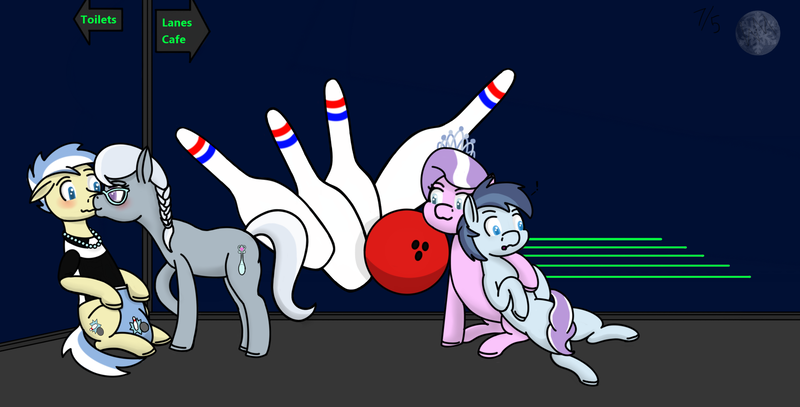 Size: 1920x976 | Tagged: safe, artist:wyntermoon, derpibooru import, diamond tiara, shady daze, silver spoon, strike, bag, bowling ball, bowling pin, building, cornered, eyewear, female, foal, glasses, hug, indoors, jewelry, kissing, male, request, shadytiara, shipping, sign, silverstrike, straight, tiara