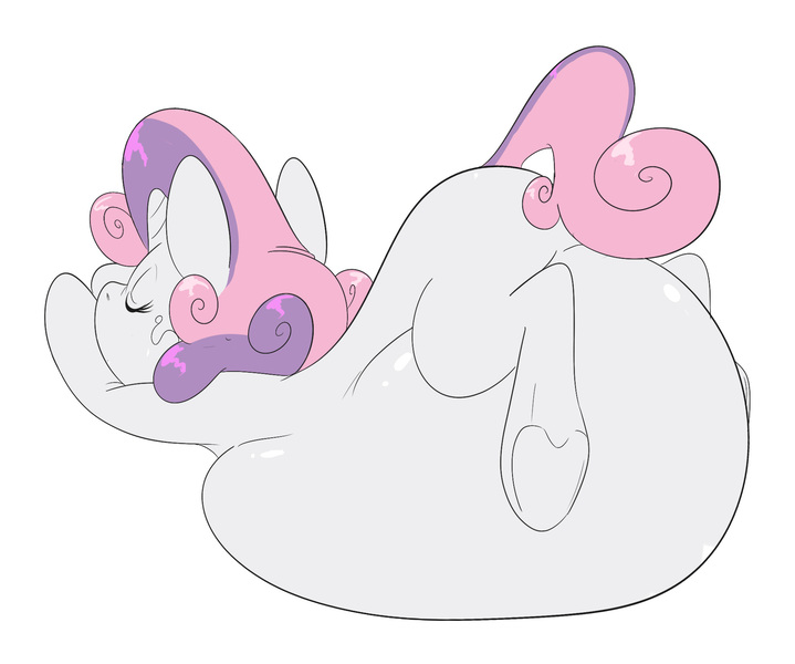 Size: 1880x1568 | Tagged: artist:anonopony, belly, belly bed, cropped, derpibooru import, fat, impossibly large belly, questionable, simple background, sleeping, stuffed, sweetie belle, sweetie belly, underhoof