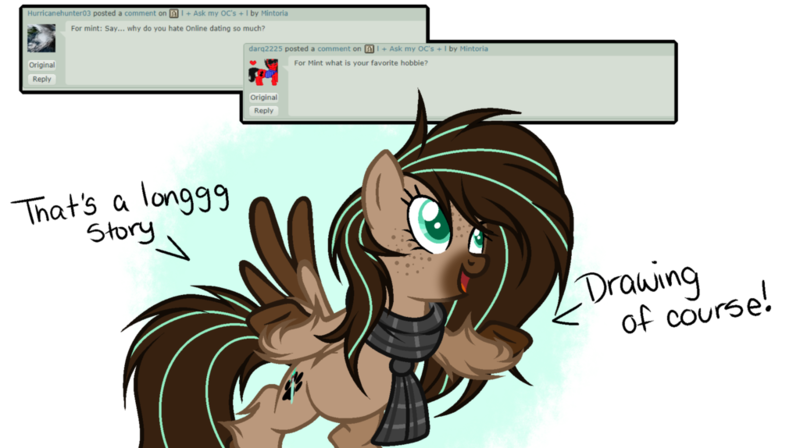 Size: 1024x574 | Tagged: safe, artist:mintoria, derpibooru import, oc, oc:mint, unofficial characters only, pegasus, pony, ask, clothes, deviantart, female, mare, scarf, simple background, solo, transparent background, unshorn fetlocks