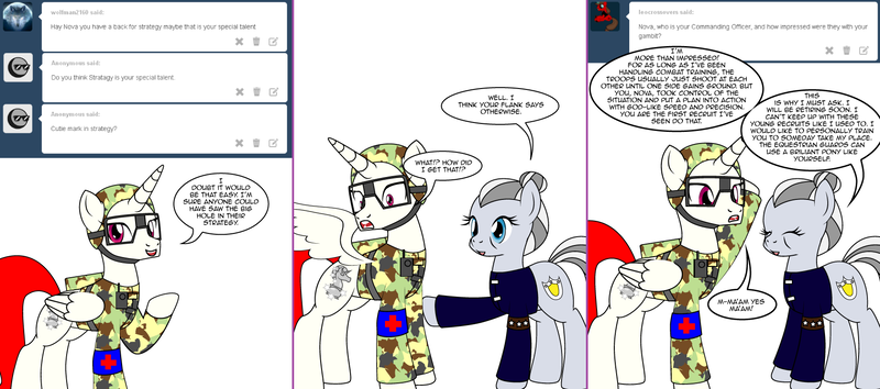 Size: 1808x800 | Tagged: safe, artist:dekomaru, derpibooru import, oc, oc:nova, unofficial characters only, alicorn, earth pony, pony, tumblr:ask twixie, alicorn oc, ask, clothes, comic, cutiespark, female, goggles, mare, tumblr, uniform