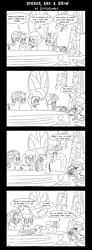 Size: 1448x3954 | Tagged: alicorn, artist:littlelooney, comic, derpibooru import, dialogue, food, monochrome, oc, oc:moonbeam, quesadilla, safe, spike, starlight glimmer, they're just so cheesy, twilight's castle, twilight sparkle, twilight sparkle (alicorn)