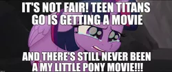 Size: 1920x808 | Tagged: alicorn, background pony strikes again, bullshit, critical research failure, crying, derpibooru import, edit, edited screencap, hypocritical humor, image macro, meme, my little pony: the movie, nonsense, op doesn't know when to quit, op isn't even trying anymore, sad, safe, screencap, stupidity, teen titans go, twilight sparkle, twilight sparkle (alicorn), wat