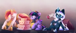 Size: 4135x1811 | Tagged: safe, artist:magnaluna, derpibooru import, princess celestia, princess luna, twilight sparkle, twilight sparkle (alicorn), oc, oc:zefiroth, alicorn, pony, alternate hairstyle, alternate universe, apple, cake, cakelestia, cute, cutelestia, eating, female, food, glowing horn, jewelry, lunabetes, magic, majestic as fuck, mare, mouth hold, nom, regalia, telekinesis, twiabetes