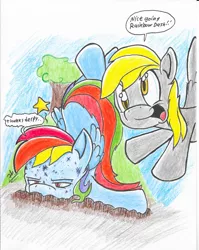 Size: 1700x2136 | Tagged: safe, artist:iyzeekiil, derpibooru import, derpy hooves, rainbow dash, pegasus, pony, crash, dialogue, dirt, faceplant, female, mare, pain, pain star, rainbow crash, traditional art, tree