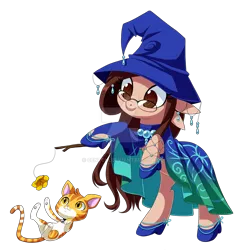 Size: 1024x1067 | Tagged: safe, artist:centchi, derpibooru import, oc, oc:wizdiana, cat, pony, clothes, dress, hat, magic wand, shoes, simple background, solo, transparent background, watermark, witch hat