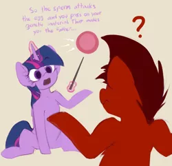 Size: 1532x1476 | Tagged: safe, artist:marsminer, derpibooru import, twilight sparkle, twilight sparkle (alicorn), oc, oc:mars miner, alicorn, earth pony, pony, an egg being attacked by sperm, confused, educational, egg cell, female, impregnation, male, mare, purple smart, sex education, simple background, sitting, spermatozoon, stallion