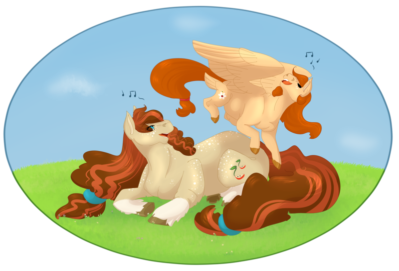 Size: 2416x1641 | Tagged: safe, artist:ganashiashaka, derpibooru import, oc, oc:ambrosia apple, oc:meadow honey, unofficial characters only, earth pony, pegasus, pony, female, filly, half-siblings, magical lesbian spawn, mare, offspring, parent:applejack, parent:coloratura, parent:soarin', parents:rarajack, parents:soarinjack, prone, simple background, transparent background