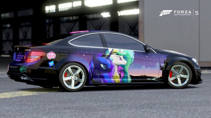 Size: 900x506 | Tagged: safe, artist:thefishe77, derpibooru import, princess celestia, princess luna, alicorn, pony, car, decal, forza motorsport 5, game screencap, mercedes-benz, mercedes-benz c-class, video game