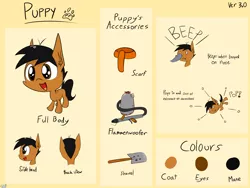 Size: 4032x3024 | Tagged: artist:professionalpuppy, clothes, derpibooru import, flamethrower, oc, oc:cocoa mocha, oc:puppy, reference sheet, safe, scarf, shovel, unofficial characters only, weapon