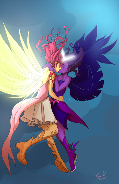 Size: 1320x2040 | Tagged: safe, artist:swain, derpibooru import, sci-twi, sunset shimmer, twilight sparkle, human, equestria girls, daydream shimmer, female, horned humanization, humanized, kissing, lesbian, midnight sparkle, midnightdaydream, scitwishimmer, shipping, sunsetsparkle, winged humanization, wings