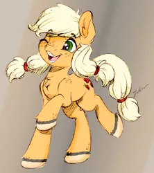 Size: 1489x1676 | Tagged: safe, artist:faline-art, color edit, derpibooru import, edit, applejack, earth pony, pony, alternate hairstyle, bucktooth, color, colored, cute, female, filly, freckles, happy, jackabetes, one eye closed, open mouth, pigtails, simple background, smiling, solo, teenage applejack, teenager, traditional art, wip