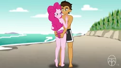 Size: 6830x3840 | Tagged: suggestive, artist:legendaryspider, derpibooru import, pinkie pie, oc, oc:copper plume, equestria girls, equestria girls series, 2 handfuls of dat ass, ass, barefoot, beach, bedroom eyes, blushing, butt grab, canon x oc, clothes, commissioner:imperfectxiii, copperpie, feet, glasses, grope, hand on butt, lidded eyes, looking at each other, partial nudity, raised eyebrow, romantic, show accurate, smiling, swimming trunks, swimsuit, topless