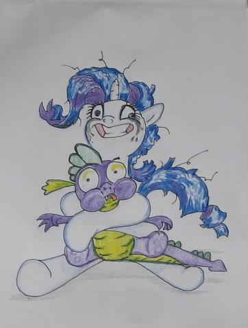 Size: 362x478 | Tagged: artist needed, safe, derpibooru import, rarity, spike, abuse, bear hug, female, hug, male, rarisnap, shipping, sparity, spikeabuse, squished spike, straight, traditional art, why i'm creating a gown darling