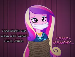 Size: 1010x768 | Tagged: safe, artist:snakeythingy, derpibooru import, princess cadance, equestria girls, friendship games, bondage, bound and gagged, cloth gag, damsel in distress, dean cadance, dialogue, gag, manip, muffled words, peril, photomanipulation, rope, story included, tied up
